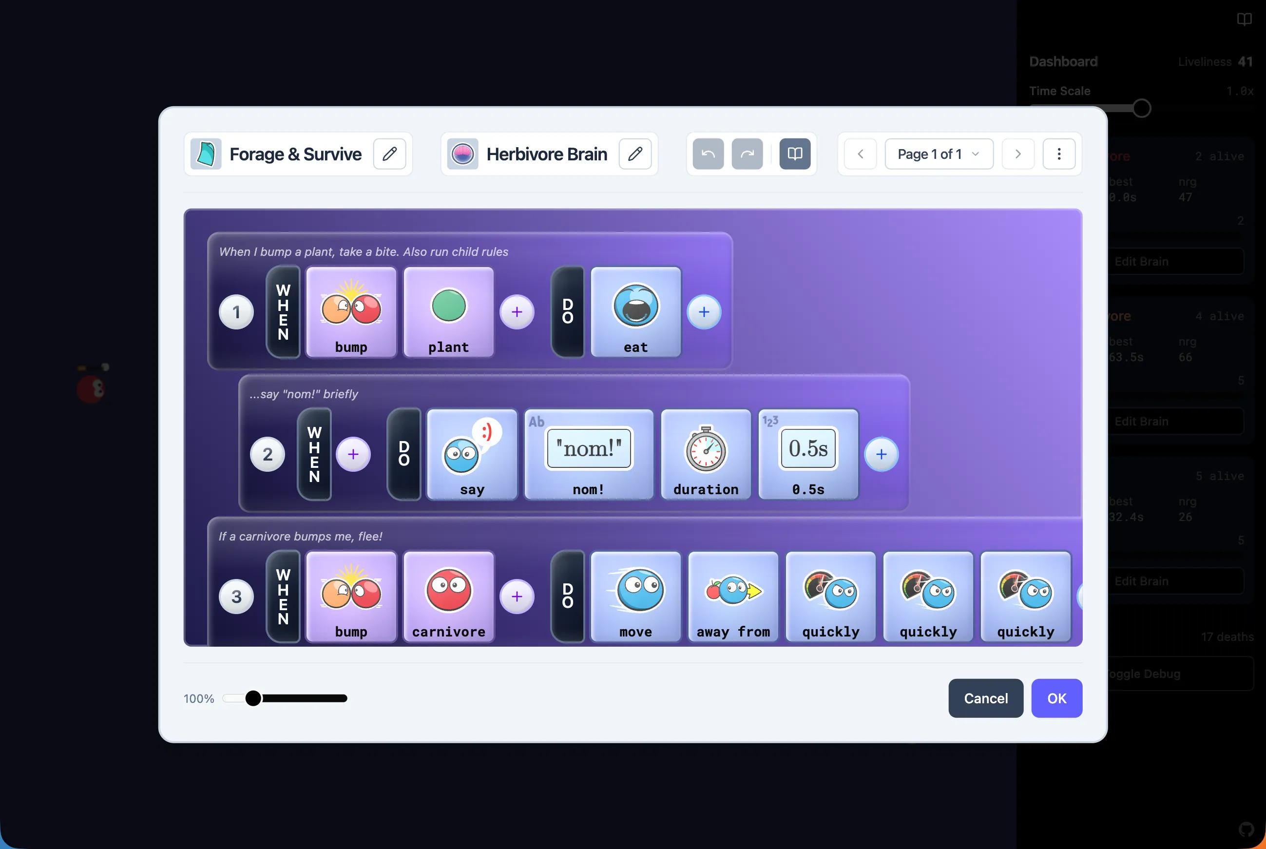The Wendoo brain editor open on a herbivore brain in the Ecosystem demo